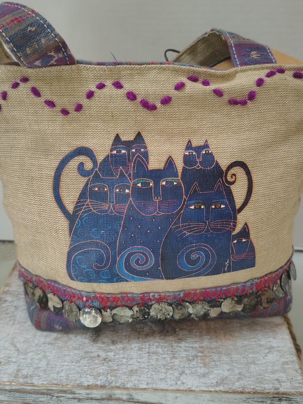 Laurel Burch Blue Cat Canvas Tote with Embroidered Accents